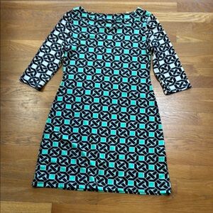Geometric Patterned Dress in Black and Teal Fitted